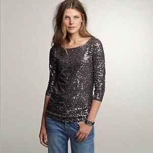J. Crew Linen Modal Black Grey Sparkle Sequined Tee Top Size XXS 3/4 Sleeve NWT